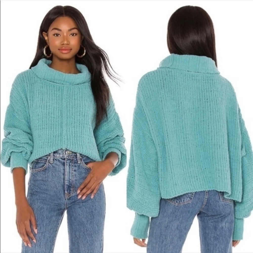 Free People Be Yours Pullover Sweater Turquoise Cowl Neck Cropped Soft Cozy M